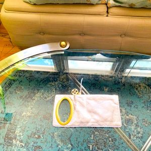 ✨ IMAN✨ Metallic Silver Mini Clutch W/Gold Hardware & Logo Medallion